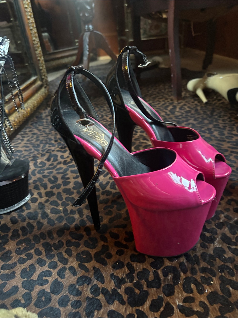 Pleaser Platform Peep-Toe Heels in Hot Pink with Black Ankle Strap 8 Inch